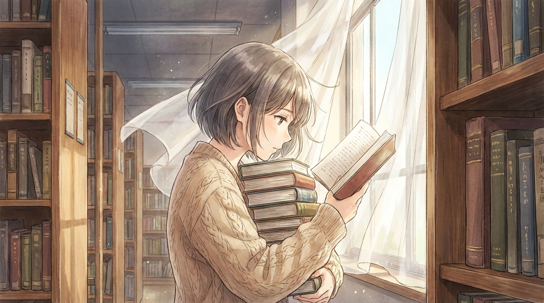 Anime-style wallpaper close-up of a girl reading a book in a library