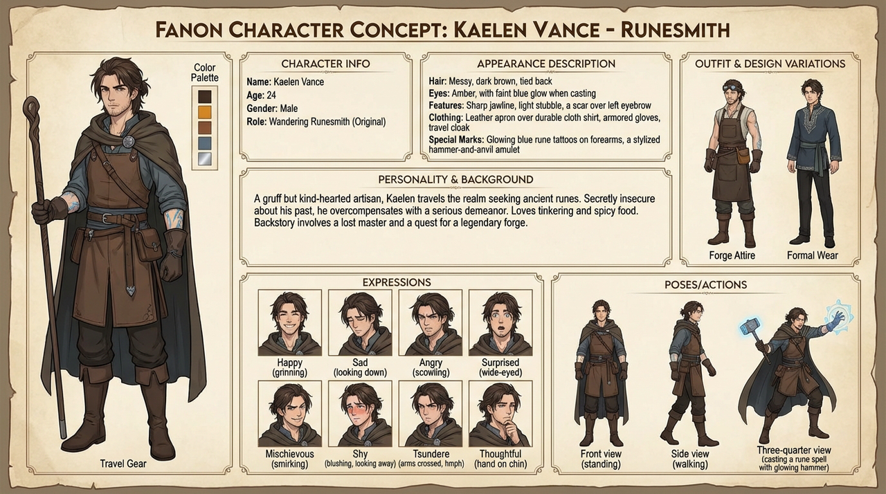 Fanon character concept – expression design – outfit & costume variations