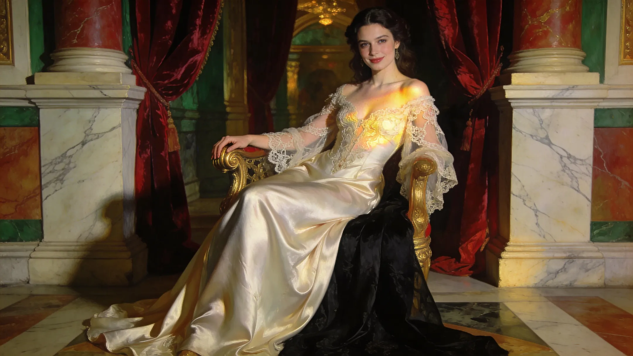 Editorial fashion portrait inspired by Renaissance paintings, painterly lighting style.