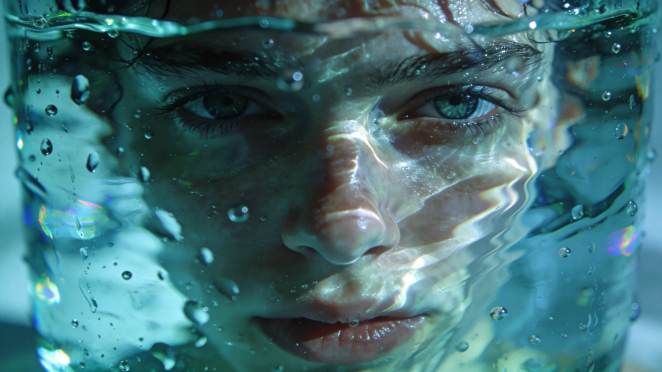 Portrait through rippling glass, distorted surreal reflections.