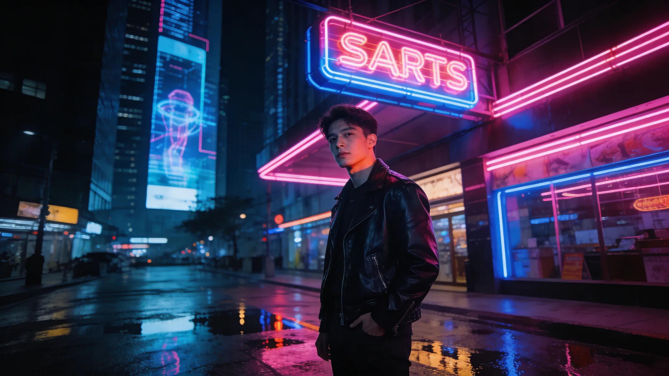 Young man under neon lights, wet streets, cyberpunk cinematic style.