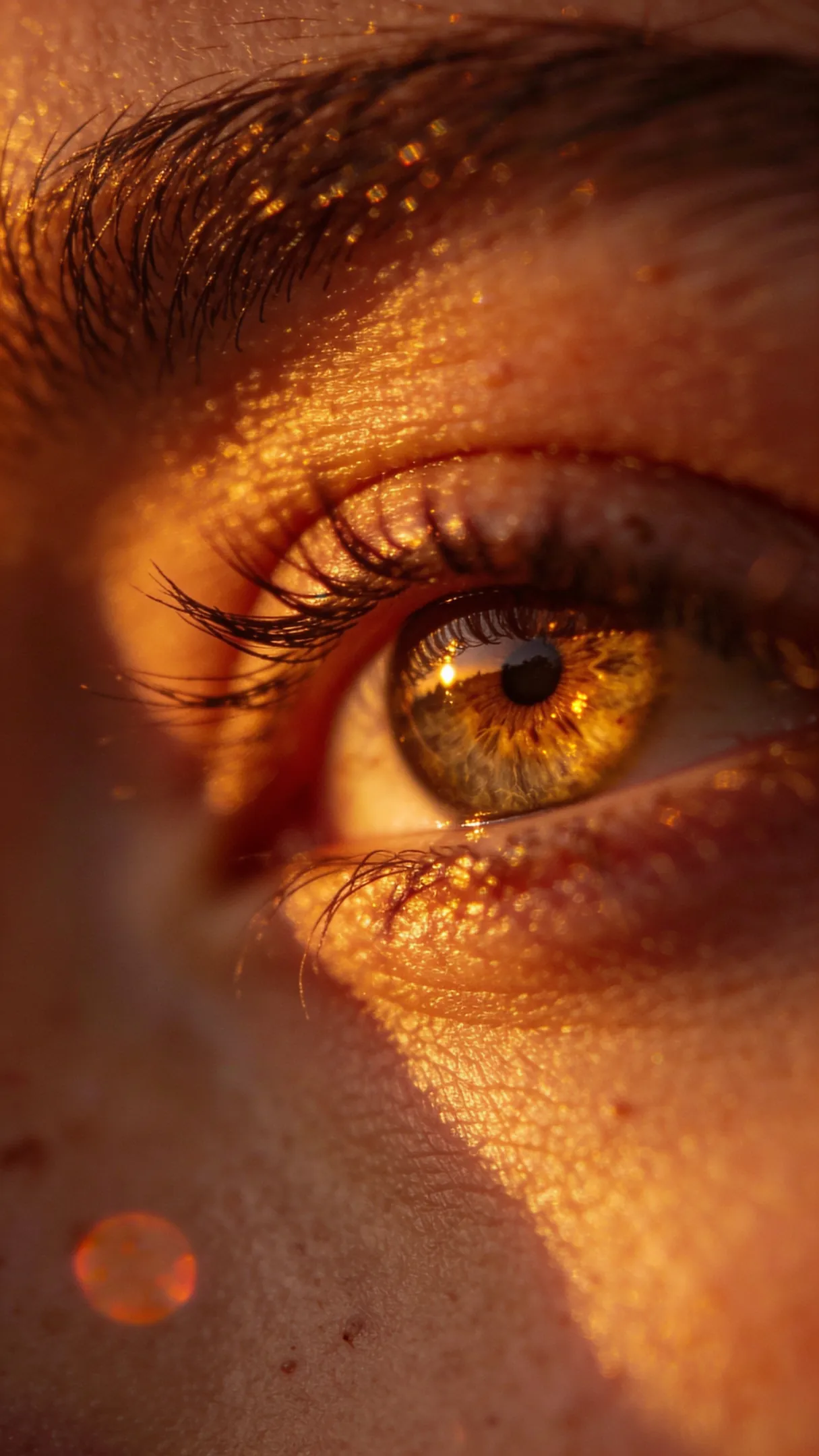 Extreme macro close-up of a woman’s eye in golden sunset light, cinematic realism.