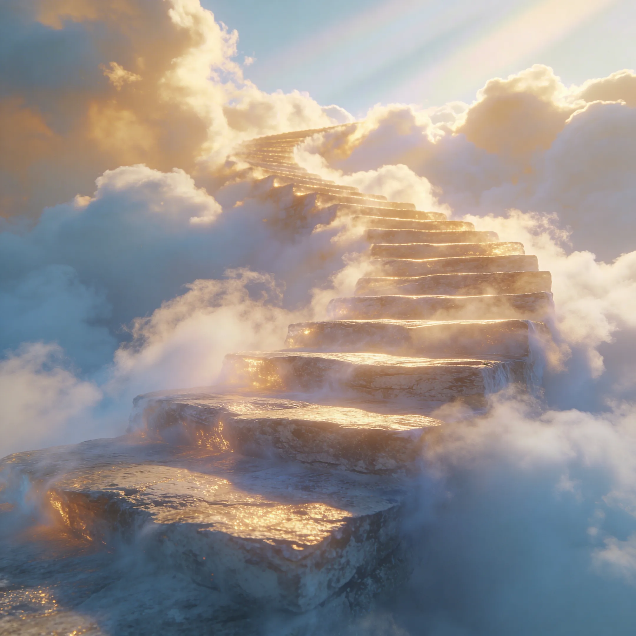 Staircase into clouds, dreamlike soft lighting.