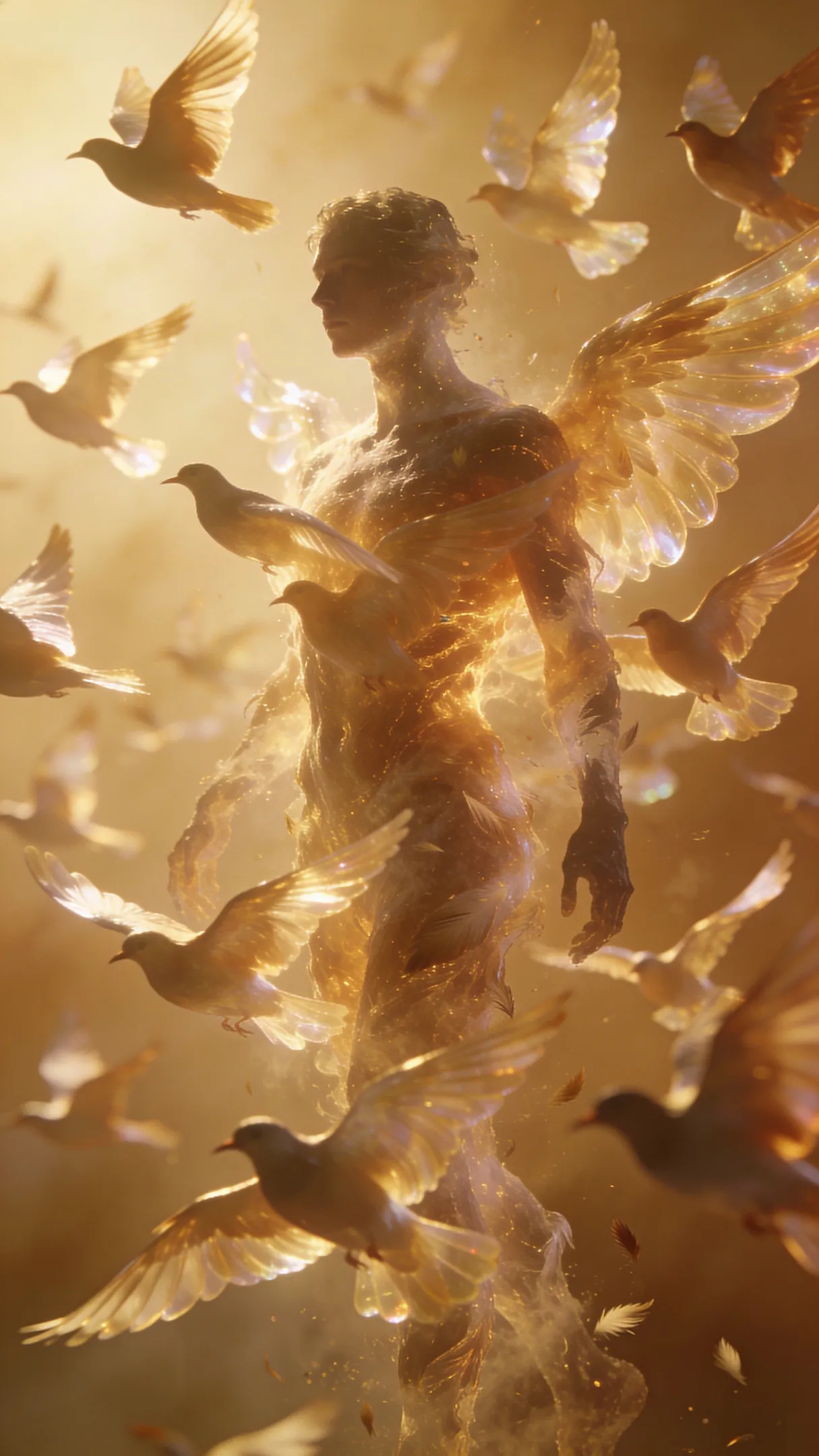 Human dissolving into birds, surreal fine art, soft light.