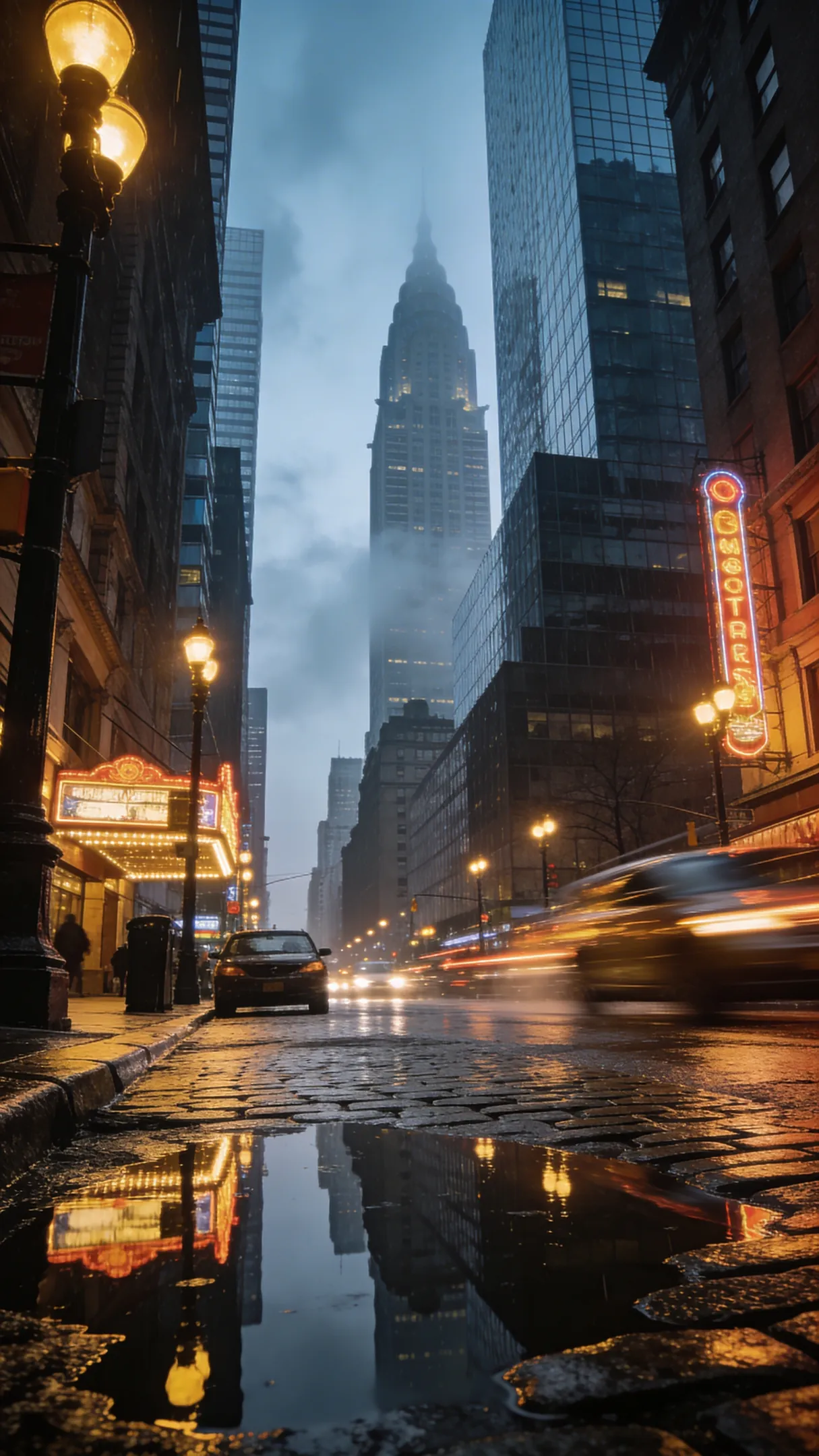 Rainy city street reflected in puddles, glowing lights, cinematic moody realism.