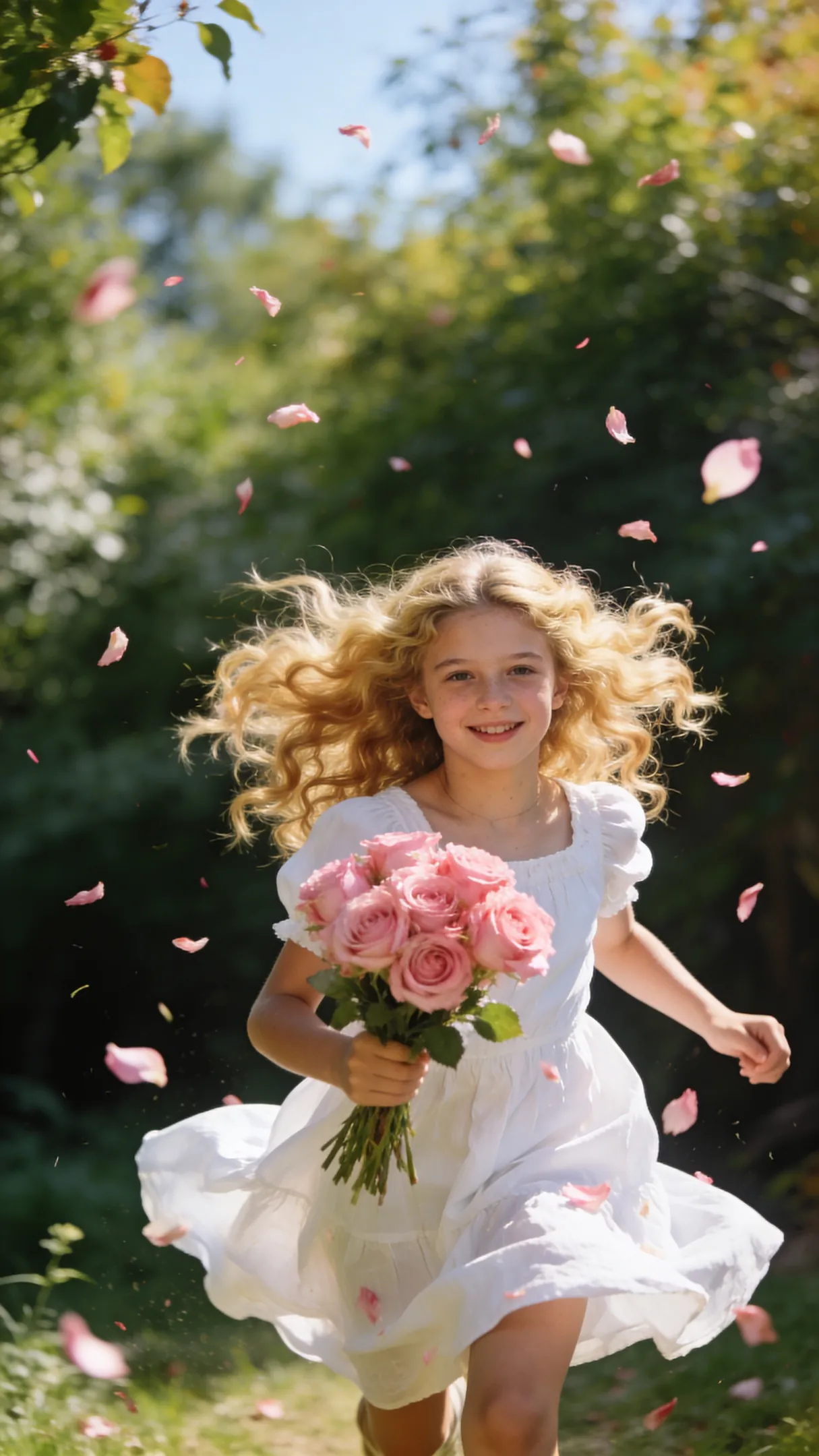 A girl running forward while holding flowers.