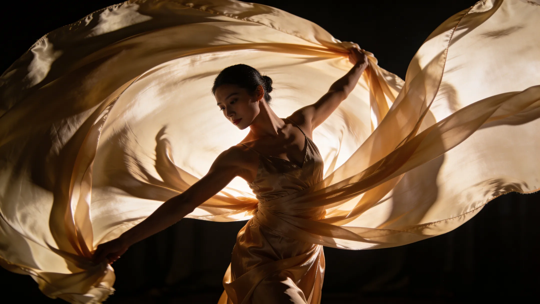 Dancer mid-motion, silk swirling, dramatic spotlight, dark background, fine art capture.