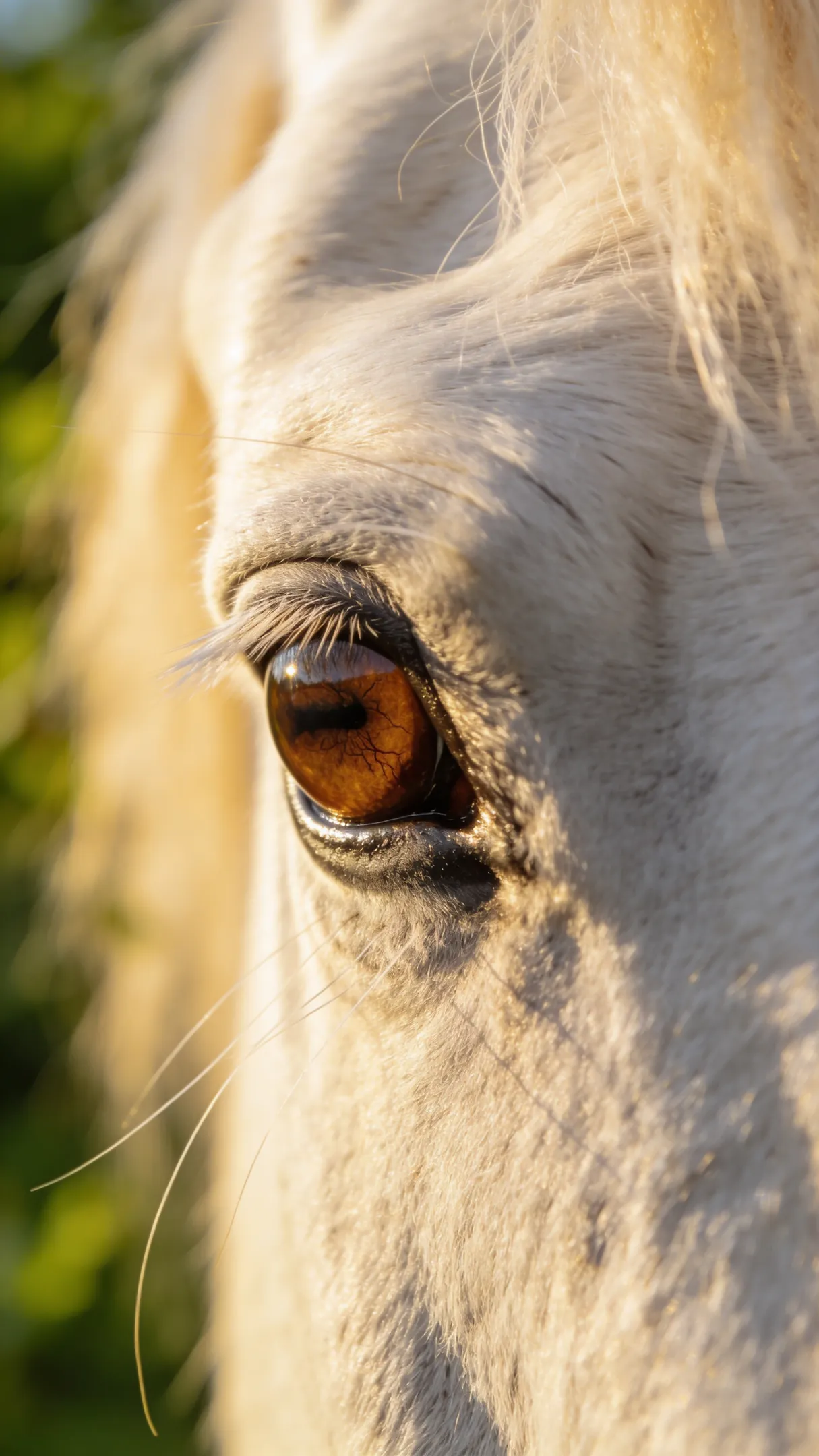 White horse eye, sunlit fur, fine art.