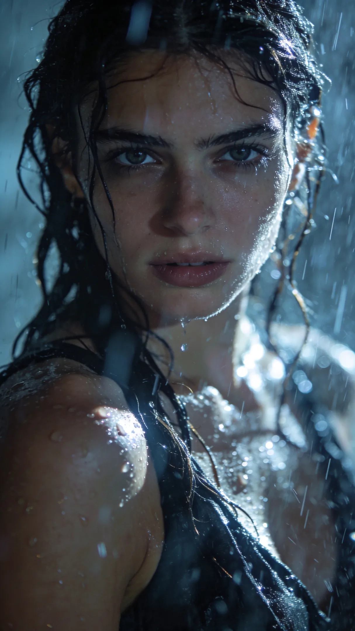 Woman portrait in rain, droplets sharp, cinematic.