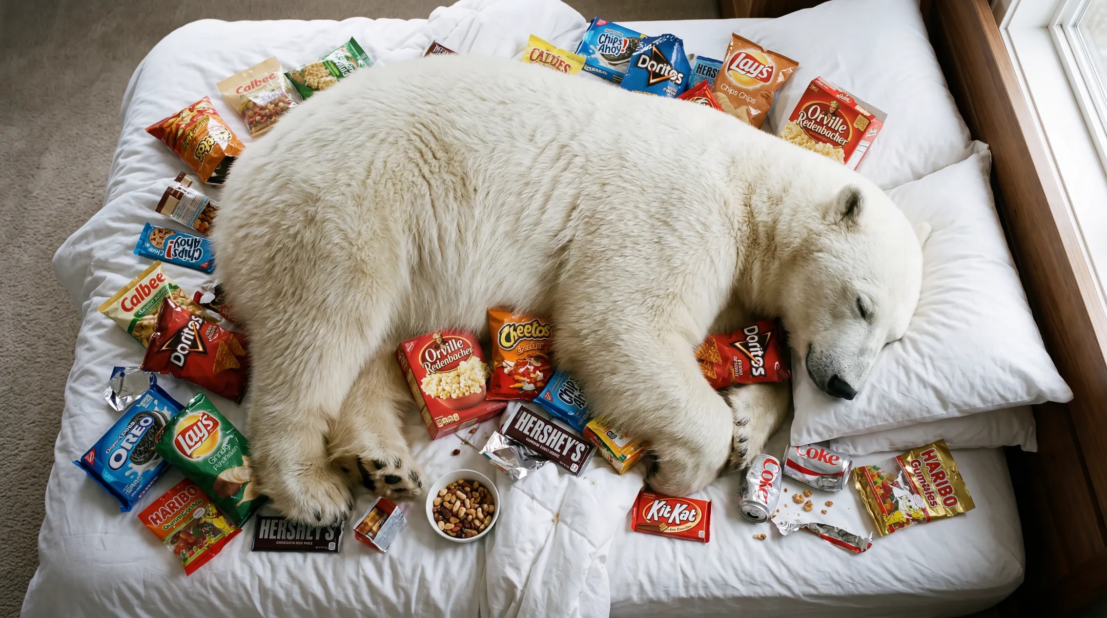 Large white bear sleeping on bed, top view, surrounded by snacks.