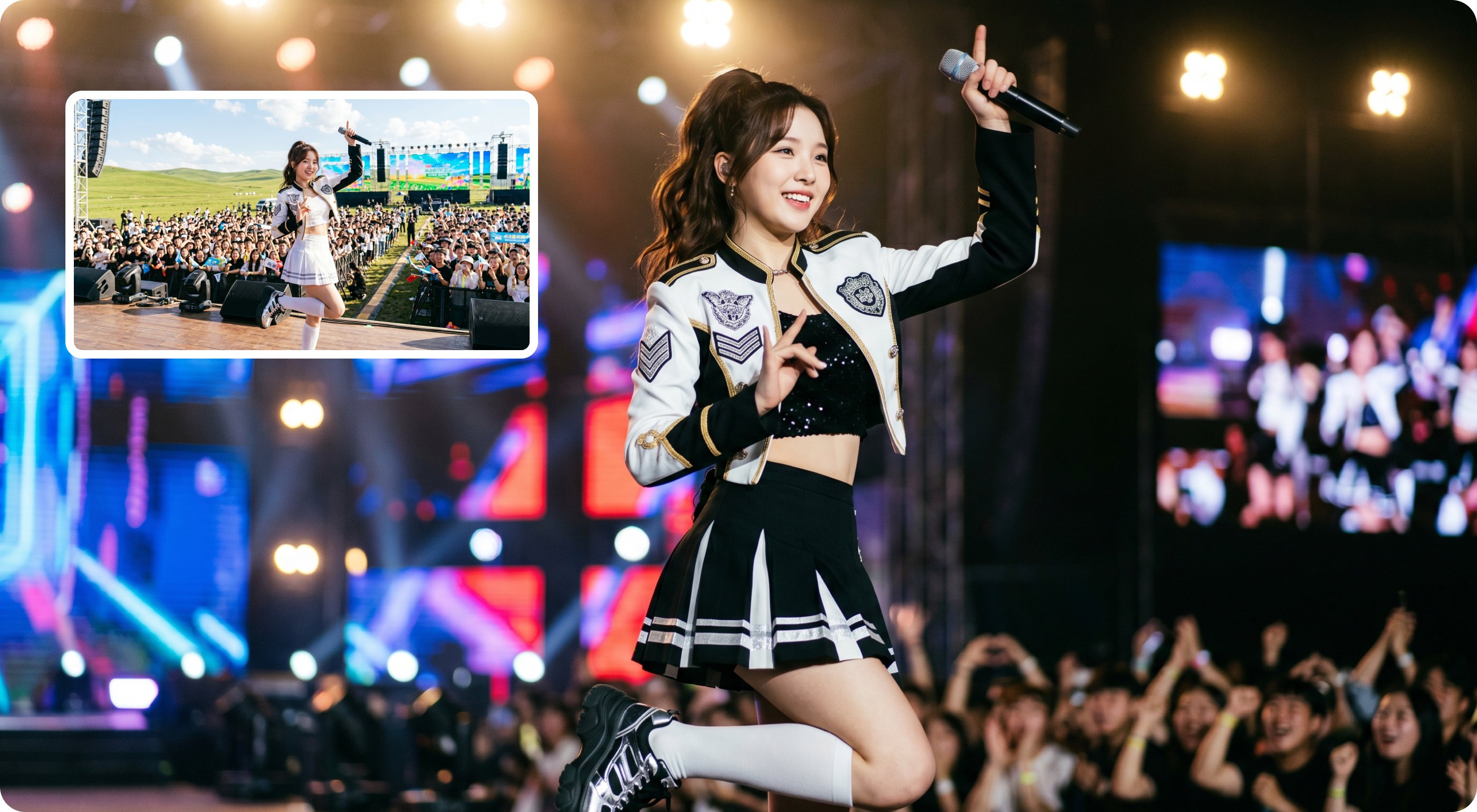 AI modified concert video scene with a singer and stage reference