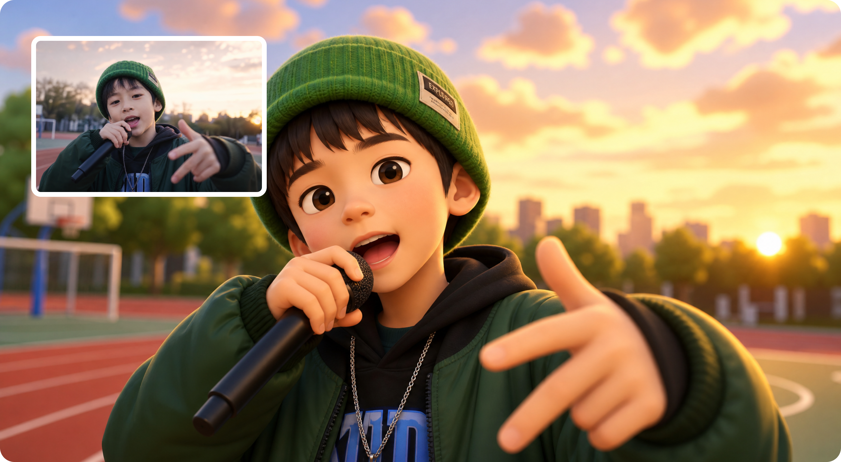 AI modified video scene with an animated character result
