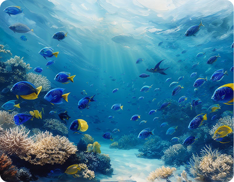A vibrant underwater scene with colorful fish swimming around coral reefs.