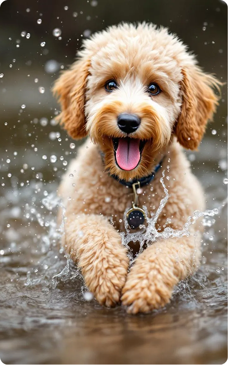 A playful poodle is excitedly splashing in the water