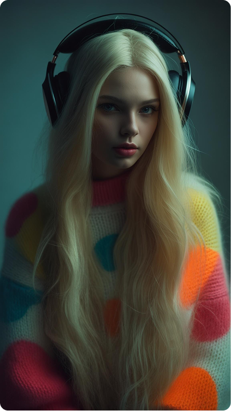 A stylized figure with blonde hair wearing headphones and a colorful polka dot sweater