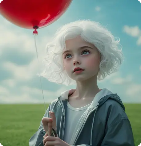 Ragazza con capelli corti ricci bianchi con palloncino sul prato, cappotto elegante, vista del cielo