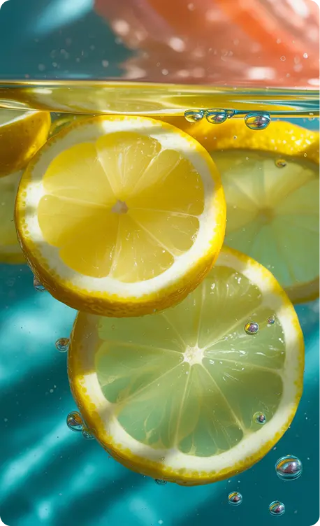 Fette di limone fresco immerse in acqua colorata con bollicine e sfondo vibrante