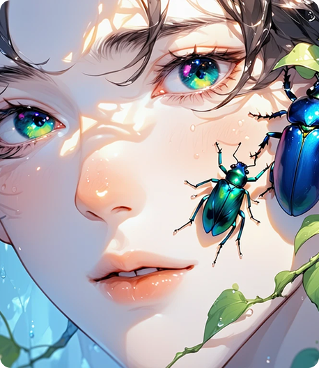 Dreamy youth with beetle on face, soft luminous style.