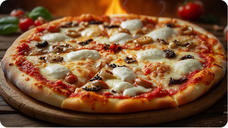 A freshly baked pizza with melted cheese