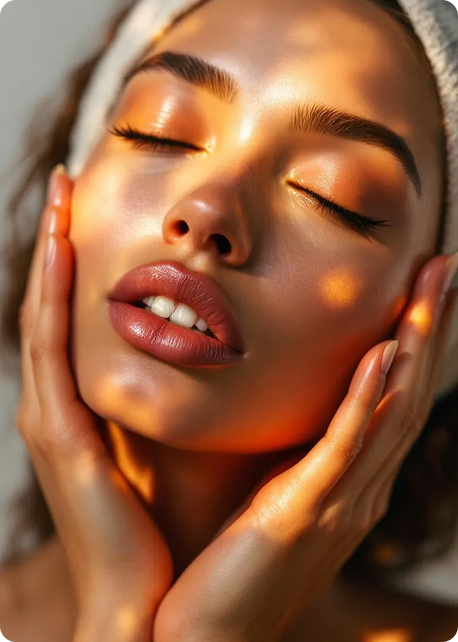 A person with glowing skin holding their face