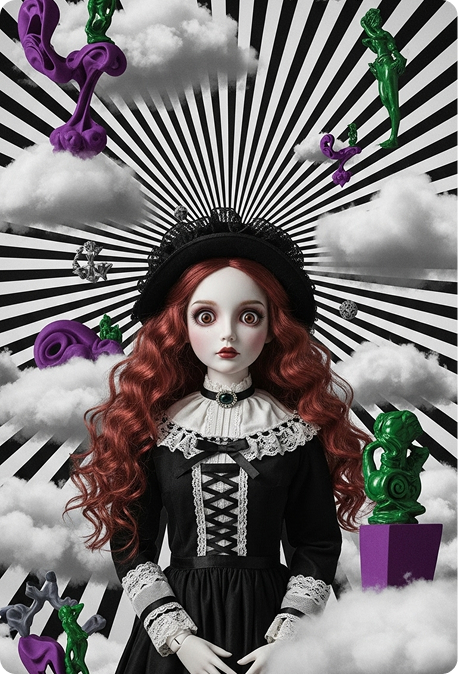 Surreal red-haired doll in optical illusion dreamscape.