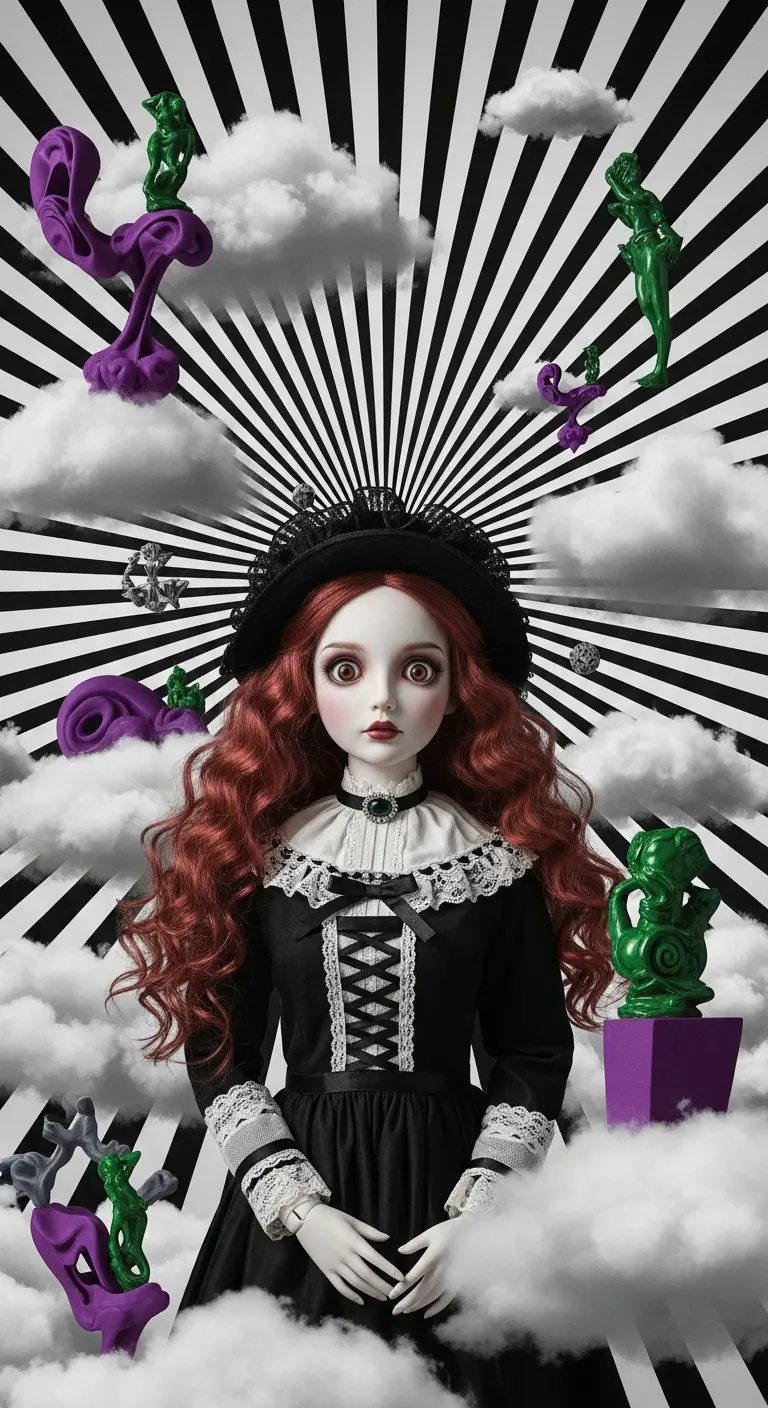 Bambola rossa surreale in un paesaggio onirico di illusione ottica