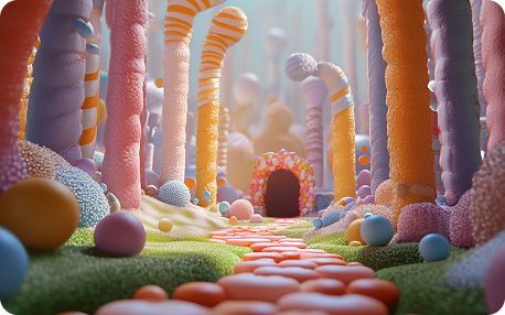 A whimsical colorful landscape filled with candy-like structures and a playful path leading to an archway.