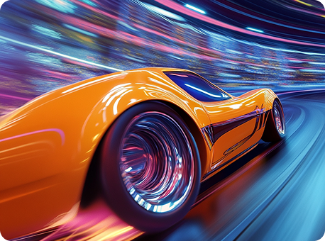 A vibrant orange sports car racing through a futuristic colorful environment