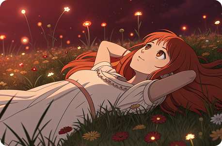 Redhead anime girl in glowing meadow under stars.
