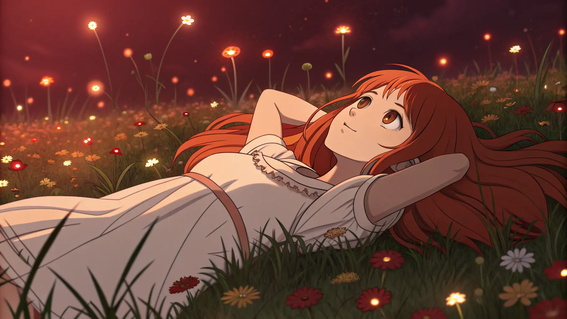 Ragazza anime rossa in un prato luminoso sotto le stelle